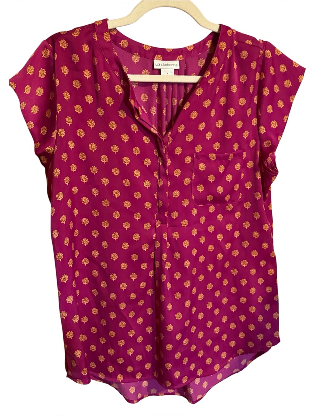 Liz Claiborne Magenta Short Sleeve Blouse Gold Dot Print button front top medium